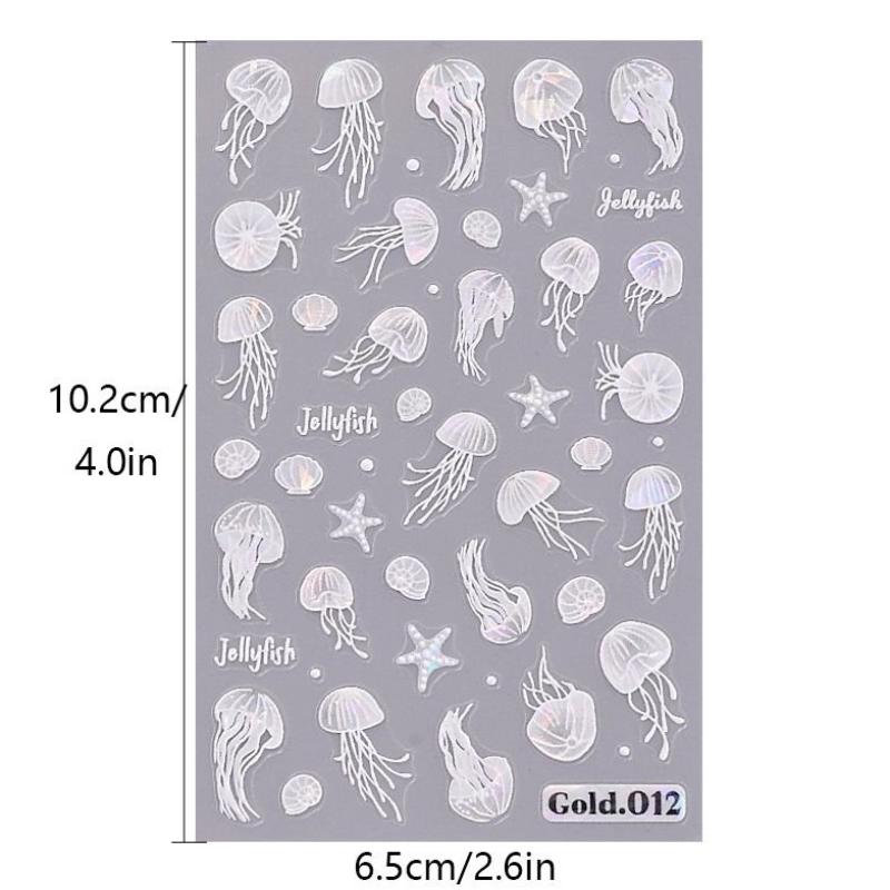 Jellyfish Summer Beach Nail Stickers Colorful Shell Starfish Conch Fish Adhesive Sliders Embossed Decals Manicure Foils Decor