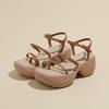 Wood grain thick-soled wedge heel sandals women's summer new muffin bottom small man height increase thin strap set toe Roman women's sandals