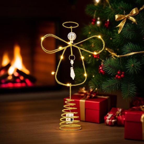 Glittered Golden Angel Christmas Tree Topper Double Angel Treetop Decoration Xmas Tree Sparkling Tree Topper