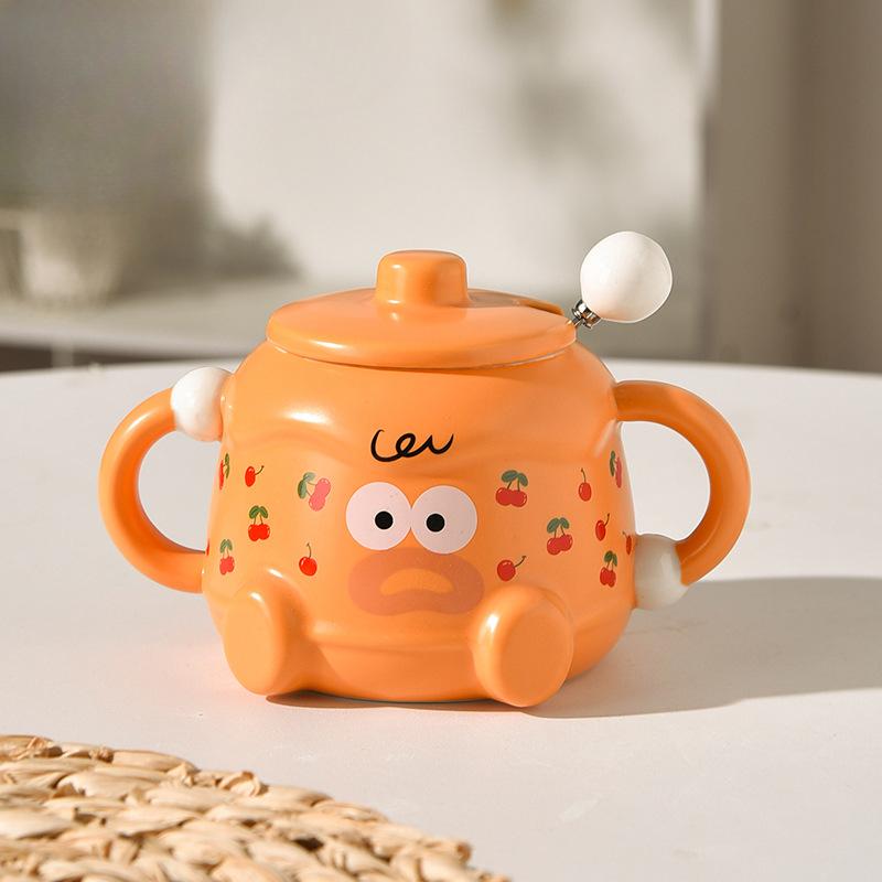 

Молочная кружка с крышкой Кружка с забавным выражением лица Керамическая чашка для молока Чашка для воды с двойными ручками и крышкой Чашка для овсянки 420ml