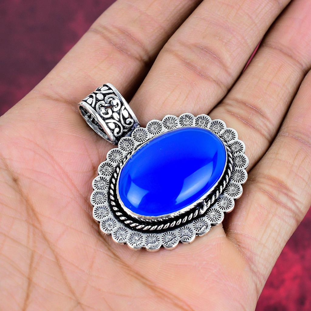 Blue Chalcedony 925 Solid Sterling Silver Pendant, Handmade Gemstone Pendant Jewelry, Gifts For Wife Brand New Pendant