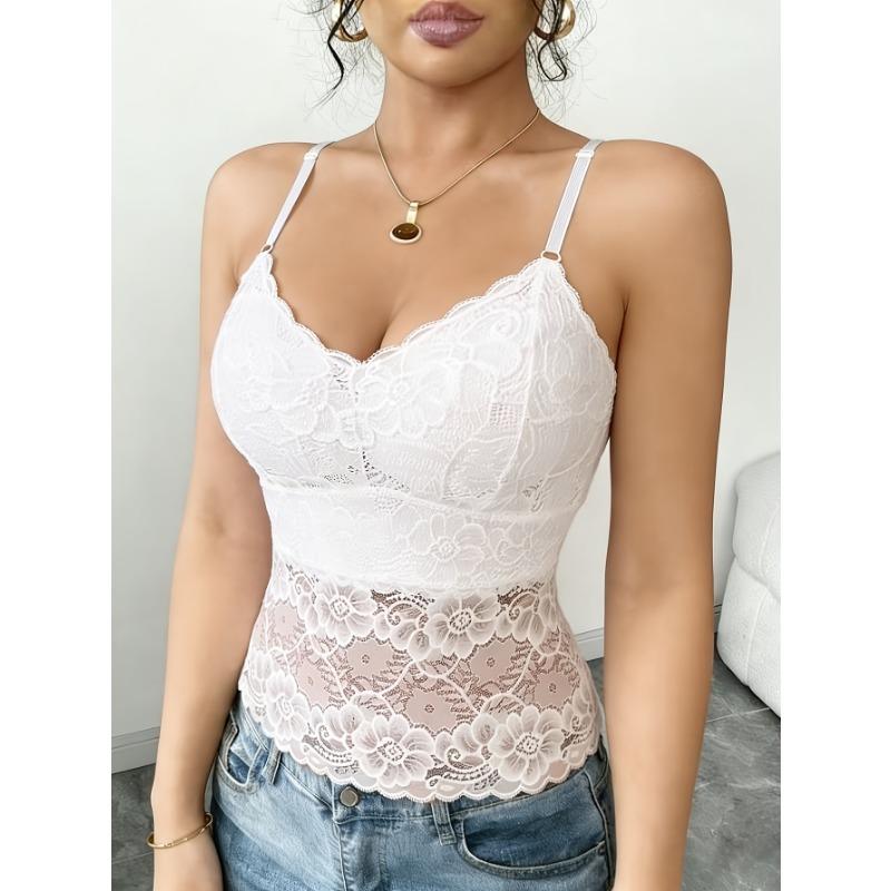 Women s Lace Camisole  Floral Lace V-Neck Sleeveless Bralette Sexy Scallop Trim Basic Tank Top M белый