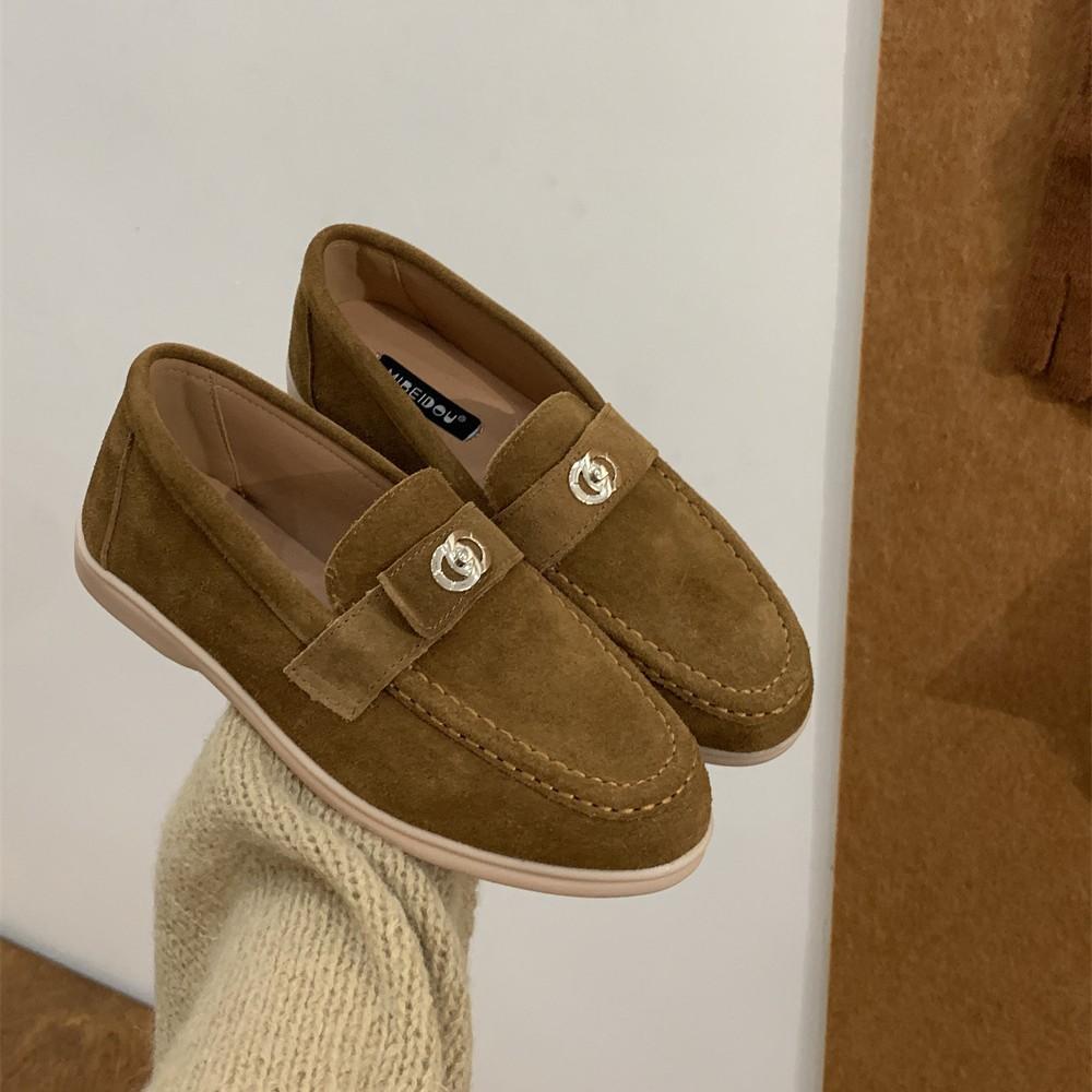 

2025 new round head metal buckle matte cowhide flat bottom lazy outer wear leisure college women s single shoes 40 верблюд