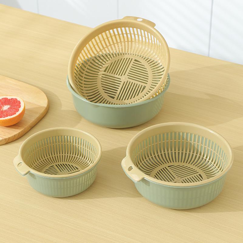 Vegetable Basin Plastic Double-Layer Drain Basket Leaky Basin Rice Vegetable Blue Vegetable Basin Household Kitchen Fruit Plate