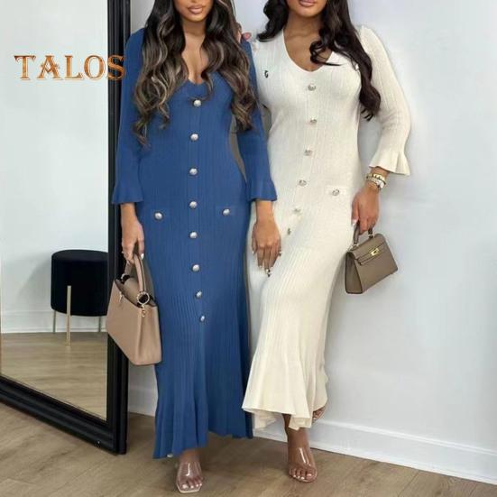 Spring Fall Women Dress Button Decor V Neck Knitted Long Sleeves Slim Fit Patchwork Fishtail Hem Solid Color Stretchy Maxi Dress