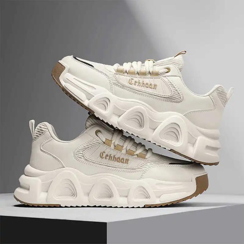 Thick Heel Natural Leather Sneakers Men Genuine Trainers For Mens Silver Shoes For Men Sport Comfort Trend Clearance