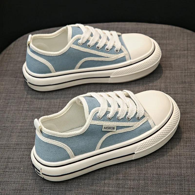 Women Canvas Shoes 2024 Spring Students Thick Bottom Sneaker Casual Lace Up Shallow Mouth Flat Board Tennis Zapatillas Designer