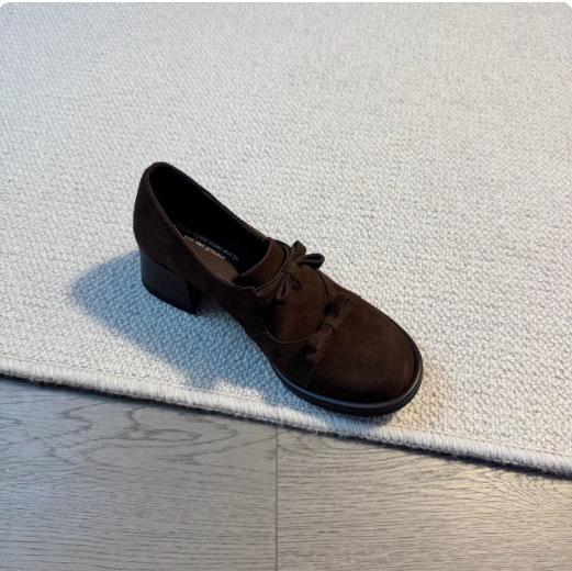 Sheepskin Version~ Retro Temperament Niche Design British Style Round Head Loafers Commuting Thick Heel Women's Shallow Mouth Single Shoes