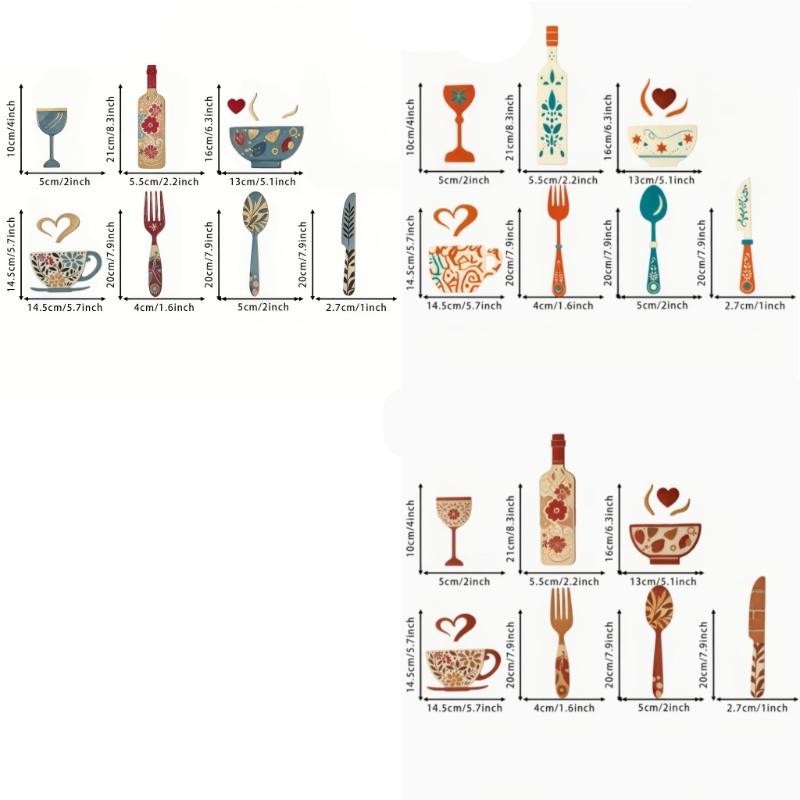 Ländliche Küchenwandaufkleber Dekorationen, Set aus 7 Holzutensilien Wandkunst Set mit handgefertigter Bemalung für die Essbereich Gestaltung
