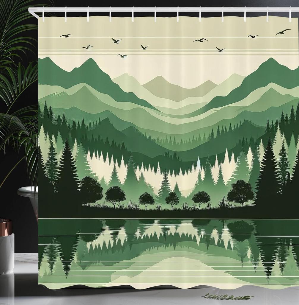 Sage Green Shower Curtain, Hexagon Honeycomb Pattern with Abstract Trippy Ornaments Jade Tones, Cloth Fabric Bathroom Decor Set