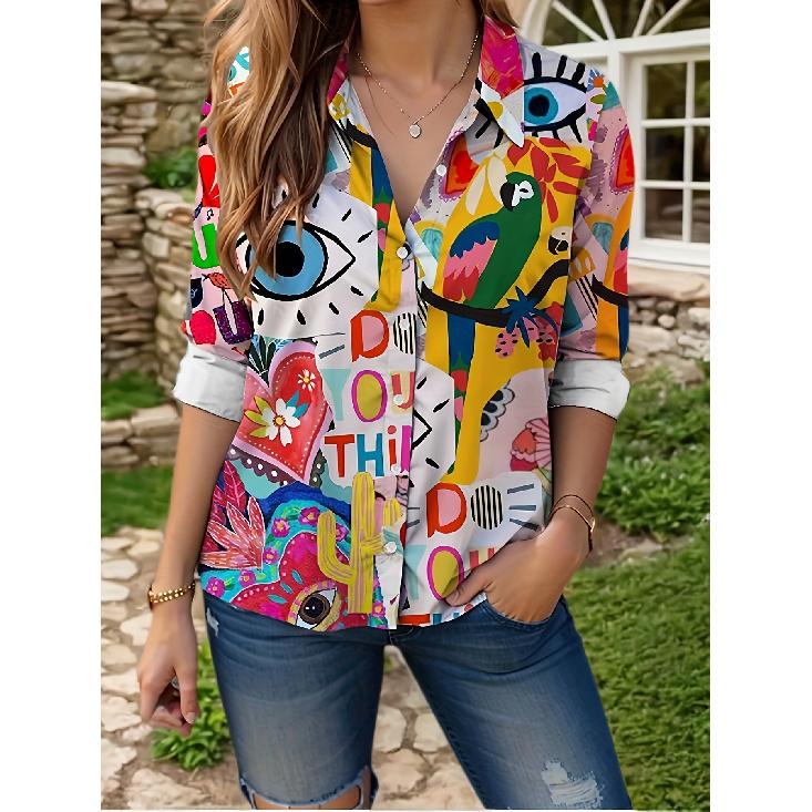 Spring and Autumn 3D Digital Print Women's Fashionable Collared Long Sleeve Casual Shirt