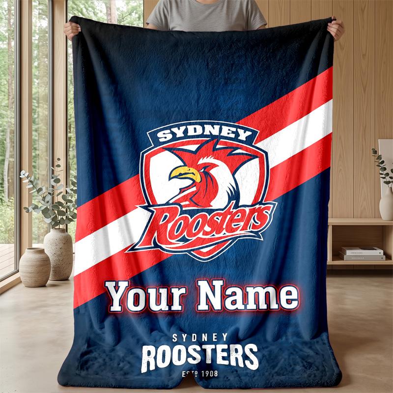 Sydney Roosters Custom Flannel Throw Blanket Print Your Name Text Soft Warm Blanket Holiday Present