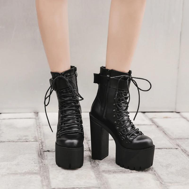 Fashion Women's Platform Chunky High Heel Ankle Boots Black Buckle Strap Lace Up Side Zipper Motorcycle Boots Punk Style Shoes