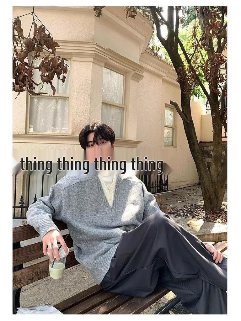 Men's V-Neck Two-Piece Look Hoodie - Textured, Loose Casual Sweater for Spring/Autumn