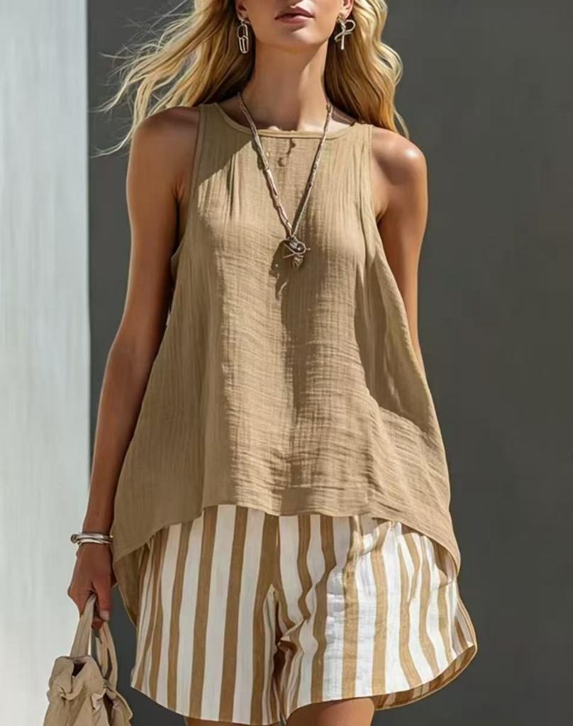 2026 cross-border new European and American style sleeveless striped suit women's summer loose casual two-piece set cross-border trendy