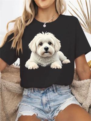 Women'S Maltese Dog Print T-Shirt. Casual Crew Neck Short-Sleeve Top. Fabric. Geometric Pattern. Comfortable Style for All Seasons. 95% 5% - Summer An