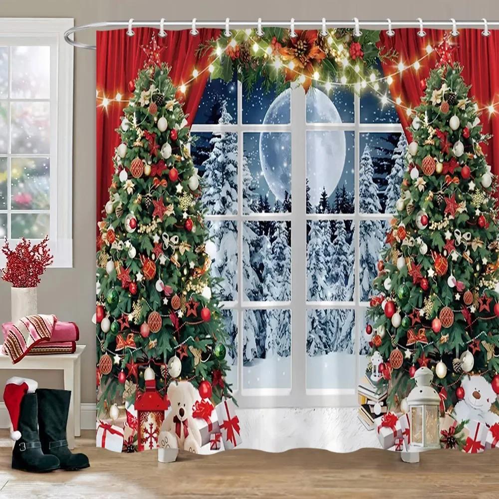 Weihnachtsparty Duschvorhänge Kamin Weihnachtsbaum und Geschenke Schneemann Schneeszene Waschbarer Duschvorhang Kunst Badezimmer Dec