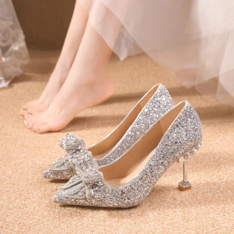 Fashion Women's Rhinestone Wedding Shoes New Year Shoes Luxury Buckle Decorative Banquet Women's Shoes High Heels Gold Silver Red