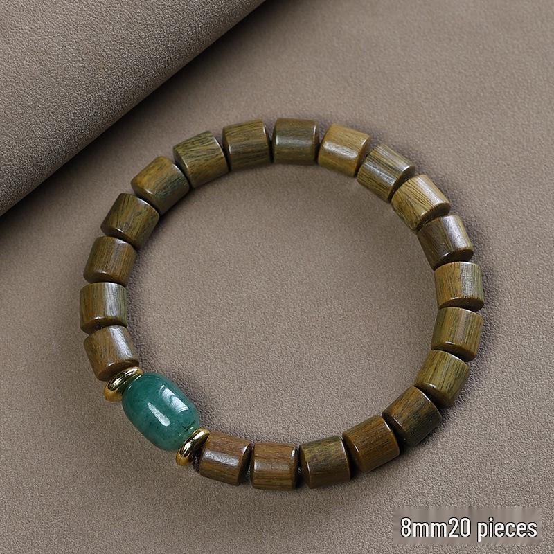 Green Sandalwood Barrel Bead Bracelet with Aventurine Dzi Bead - Unisex Wooden Single-Loop Buddhist Jewelry.