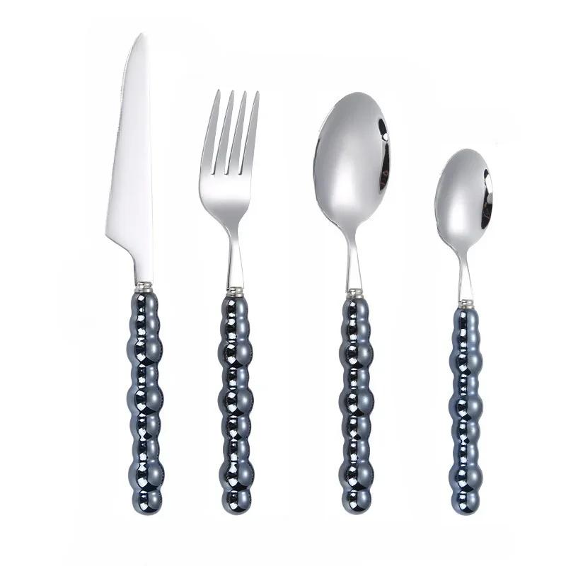 4Pcs Gold Dinnerware Set Stainless Steel Cutlery Knife Tea Fork Coffee Spoon Pearl Ceramic Handle Flatware Utensils for Kitchen