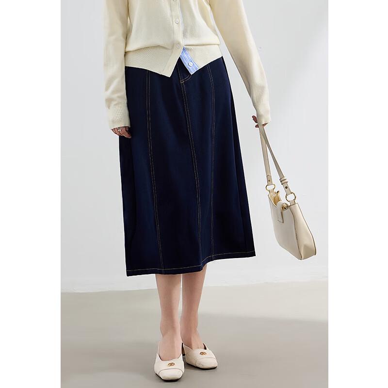 VICTORIA&VERA Women's Anti-Wrinkle Faux Denim A-Line Midi Skirt