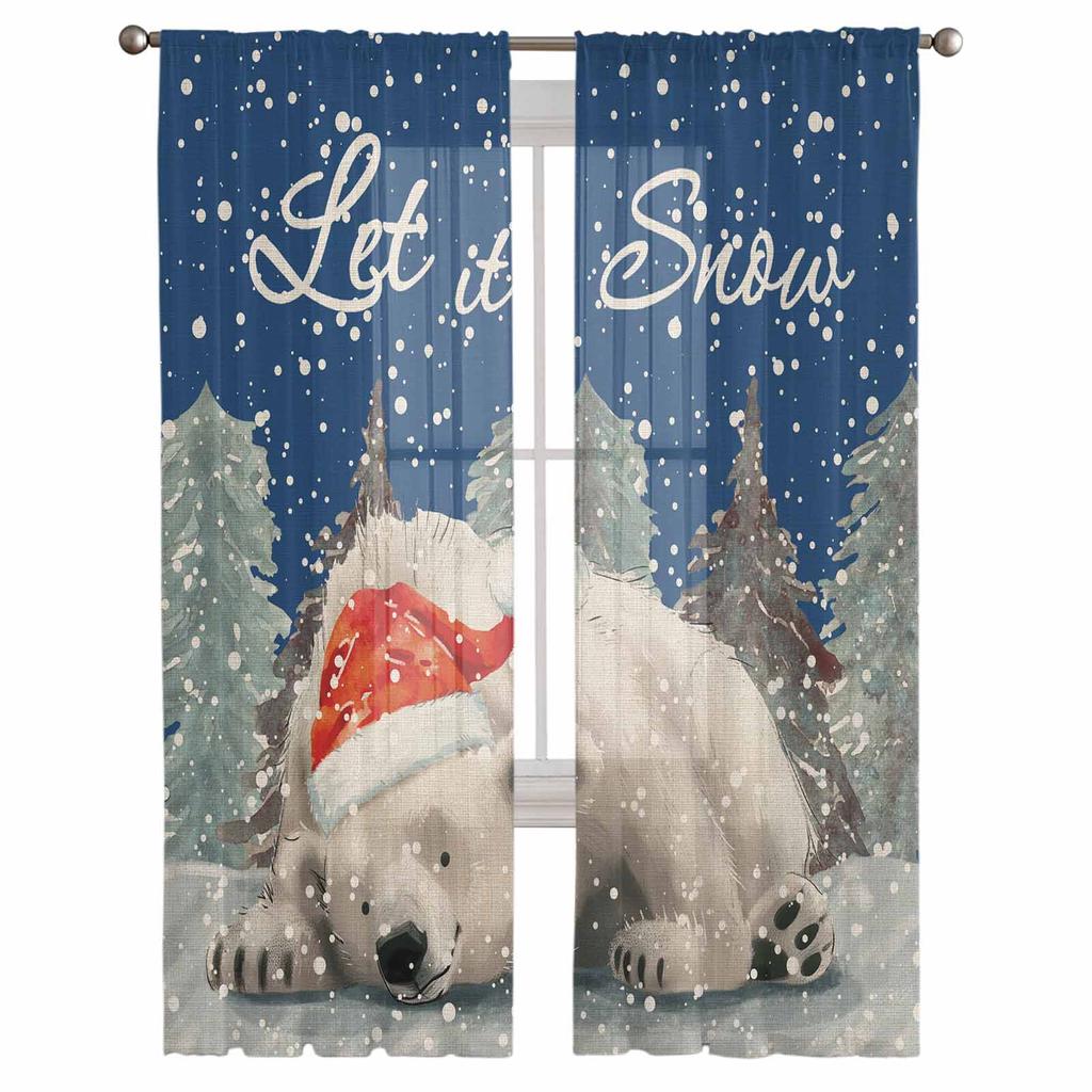 Christmas Snowflake Bear Curtains For Living Room Bedroom Home Decoration Window Voile Tulle Curtain Drapes
