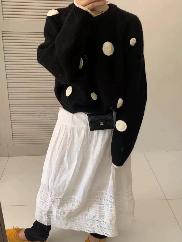 Women's Retro Polka Dot Fluffy Knit Sweater with Stand-Up Collar - Slimming Autumn/Winter Top