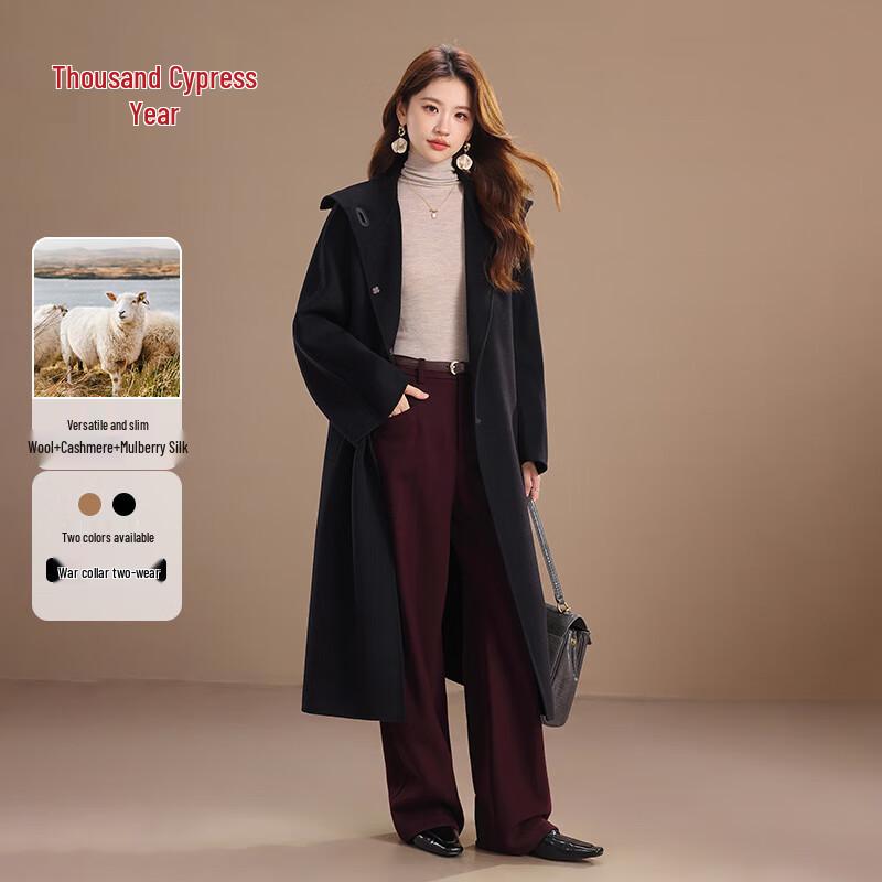

Qianbainian Women s Double-Faced Wool & Cashmere Long Coat with Belt 2XL