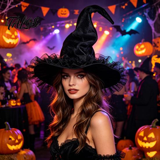 Non-itchy Halloween Hat Women's Large Ruched Witch Hat, Felt Wizard with Photo Prop Ruffle/Flowers/Mesh, Adults Cosplay Costume for Party, Masquerade