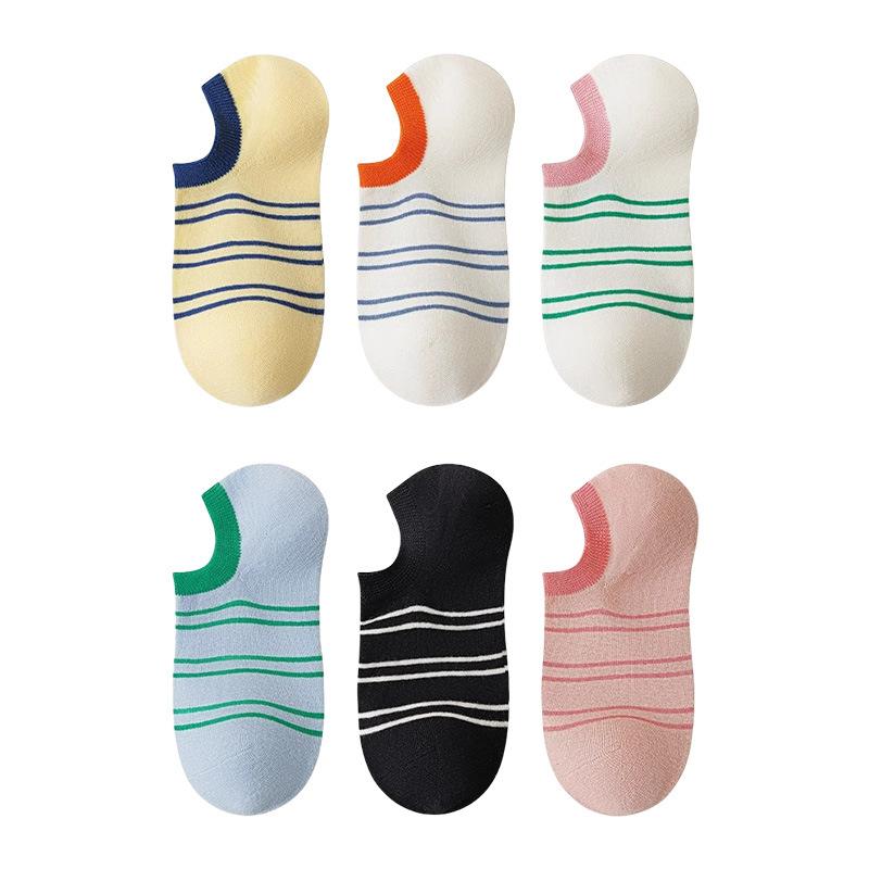 Dopamine Color-blocking Striped Boat Socks, Invisible Socks, Versatile Summer Outerwear for Trendy Girls, Pure Cotton Short Socks