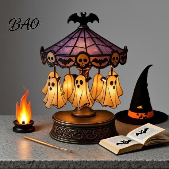 Halloween Tabletop Decor Ghost Carousel Light, Night Gothic Stained Glass Shade Vintage Resin with Floating Ghosts/Pumpkins, Spooky Table Lamp