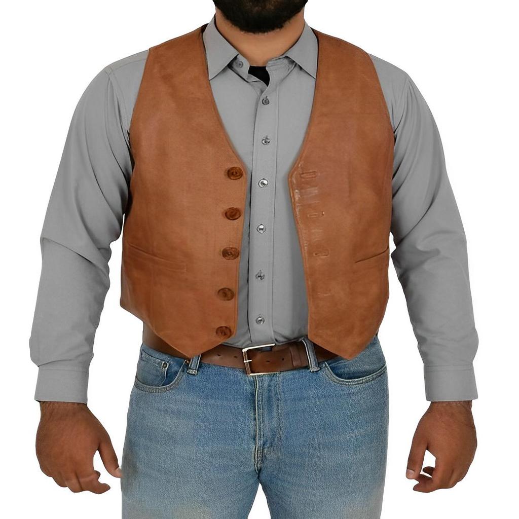 Noora Gilet de piele portocaliu ars pentru bărbați, cu închidere cu nasturi | Vestă din piele de designer | Gilet din piele Rider