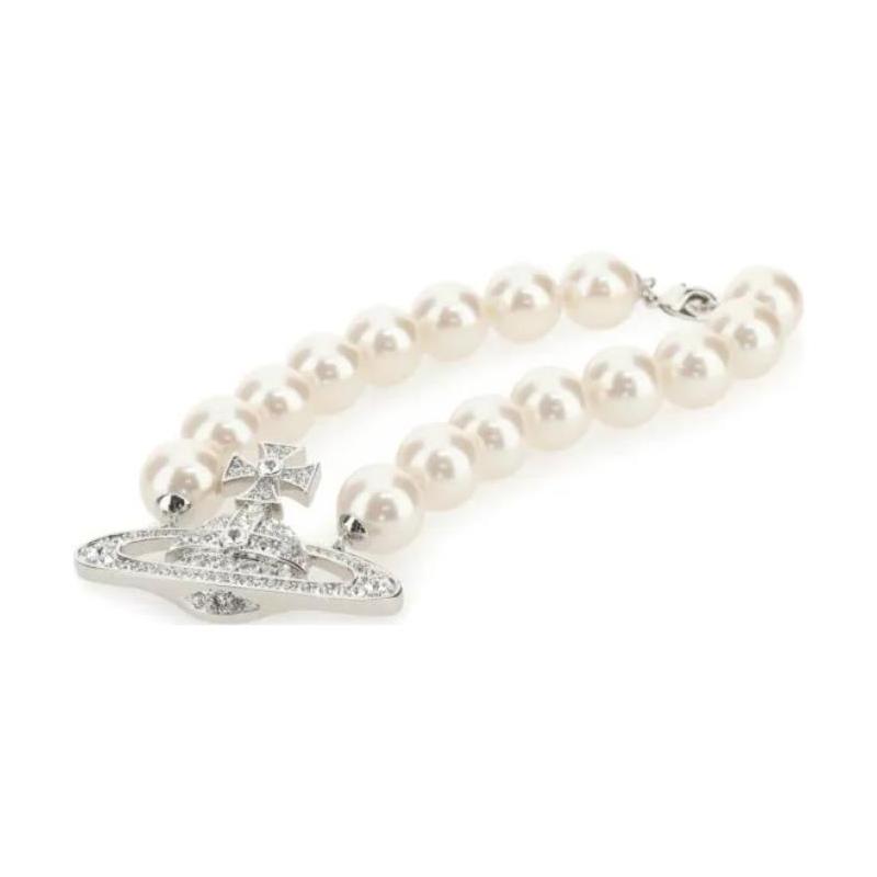 VIVIENNE WESTWOOD Necklace Neysa Pearl Choker Oversize Pearl Logo Saturn Logo Brass Resin Crystal Unisex Couple Style Silver 6301011002P226P226
