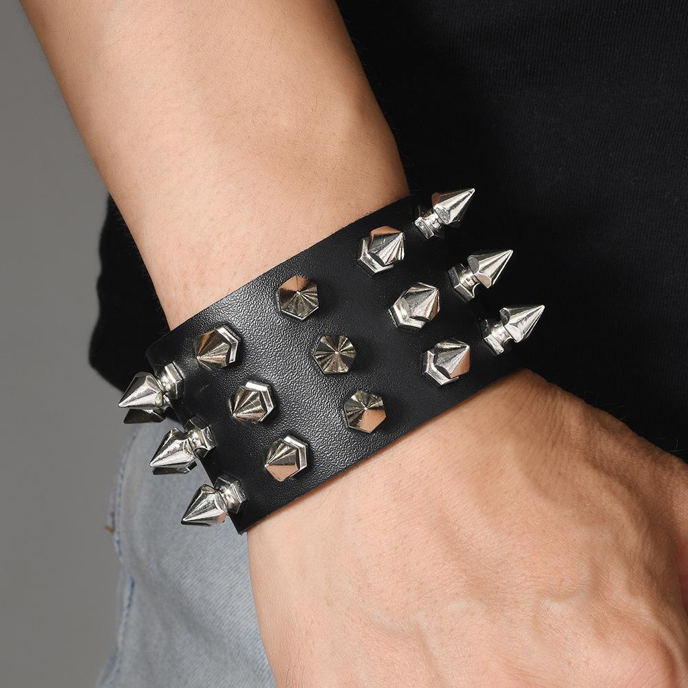Punk Bracelet for Men Women Goth Black Leather Wristband with Metal Spike Studded Spike Rivets Cuff Bangle Adjustable