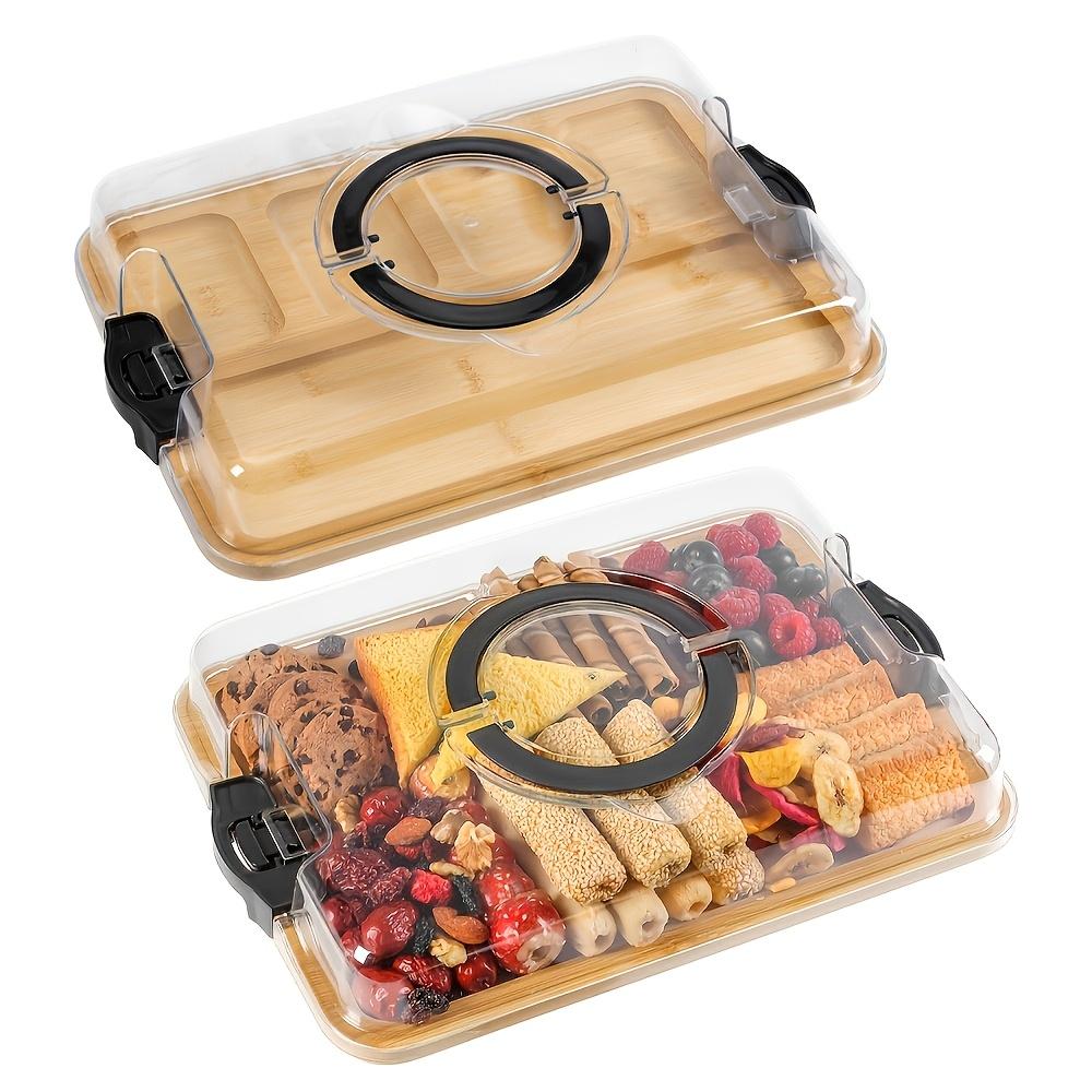 A Bamboo Tray with A Transparent Lid - Bamboo Charcuterie Cheese Board - Divided Tray with Handles and Locking Lid - 5 Compartments - Snack Tray 1 set чёрный