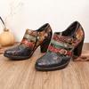Genuine Leather Pumps Women Shoes Retro Round Toe Fashion High Heels Printed Handmade Ladies Shoes