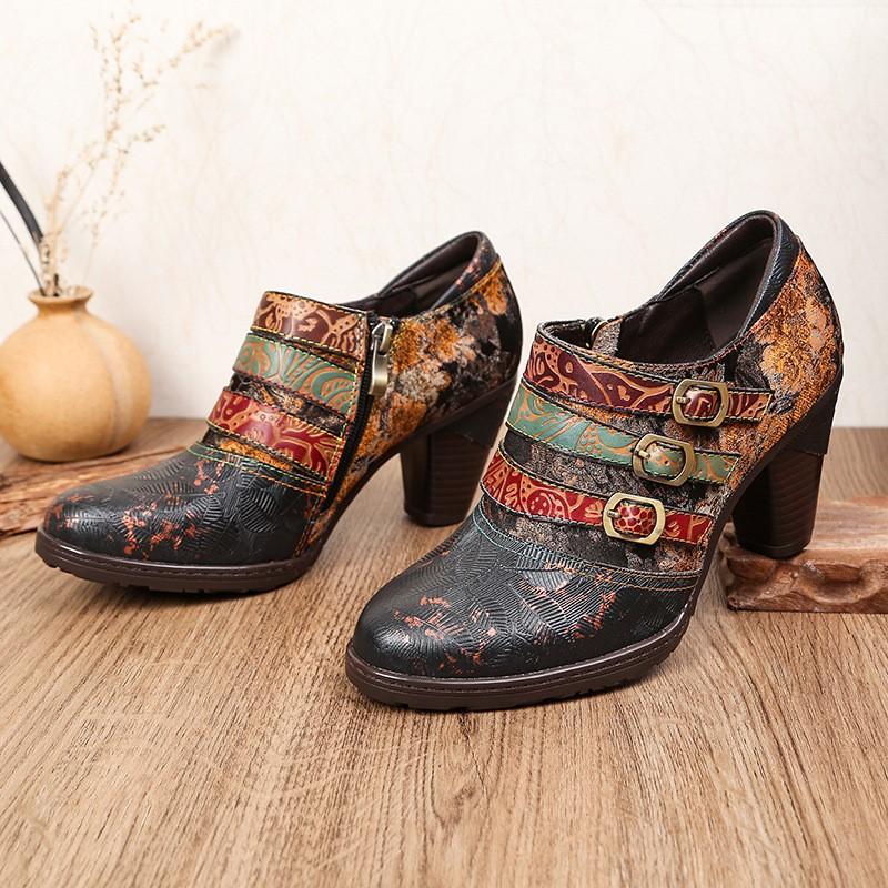 Johnature Genuine Leather Pumps Women Shoes Retro Round Toe Fashion High Heels Printed Handmade Ladies Shoes
