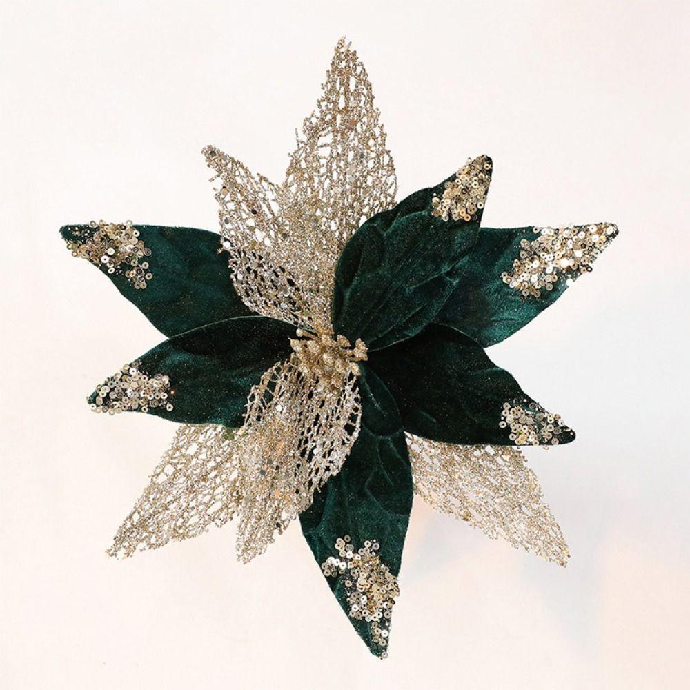 Flannel Fabric Christmas Artificial Flowers Plastic Glitter Poinsettia  Christmas Decor