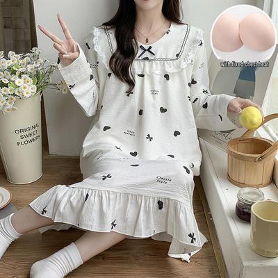 Spring & Autumn Lace Long Sleeve Cotton Nightgown with Fixed Chest Pad