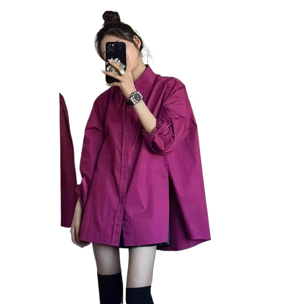 Women Luxury Fuchsia Button‑Up Shirt, Turn‑Down Collar Long‑Sleeve Loose Unique Design Casual Sun‑Protection Fashion Outerwear Blouse