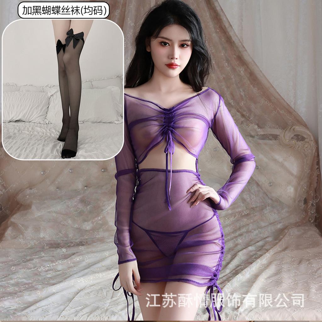 Sex Underwear Perspective Long Sleeve Hip Wrap Dress Passion Hot Sexy Uniform Seduction Suit