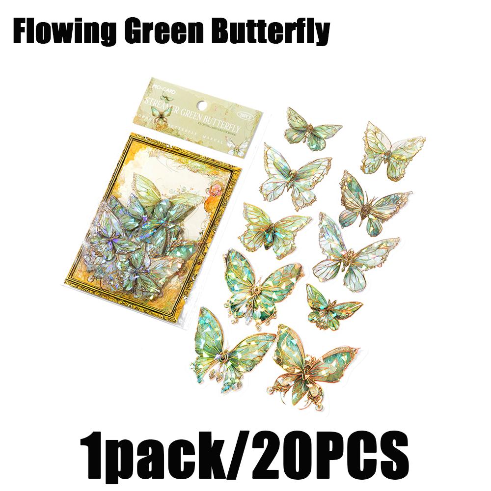 1pack/20pcs Ins Butterfly Pet Sticker Pack Ice Crystal Laser Gold Diy Handbook Scrapbooking Label Diary Transparent Decoration