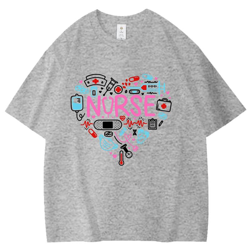 

Heart Shaped Creative Print Printing Cotton T Shirt Nurse Theme Shirt Unisex Cool Summer Casual Tees Trendy Urban Streetwear S