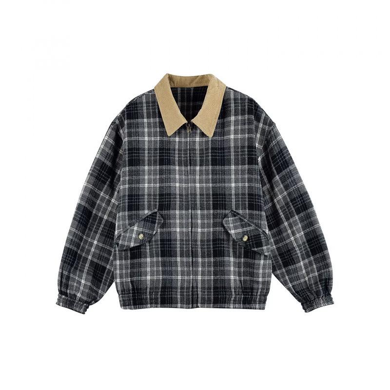 Unisex Oversized Patchwork Plaid Streetwear Jacket - Japanese Retro Neutral Style Outerwear Large