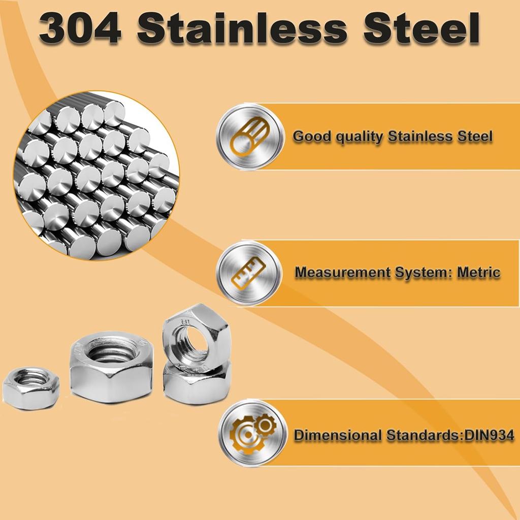 100pcs M4-0.7 Hex Nut, 304 Stainless Steel, M4 X 0.7mm Tiny Nuts Fasteners, Hex Drive, Metric, Right Hand, Small Replacement Nut