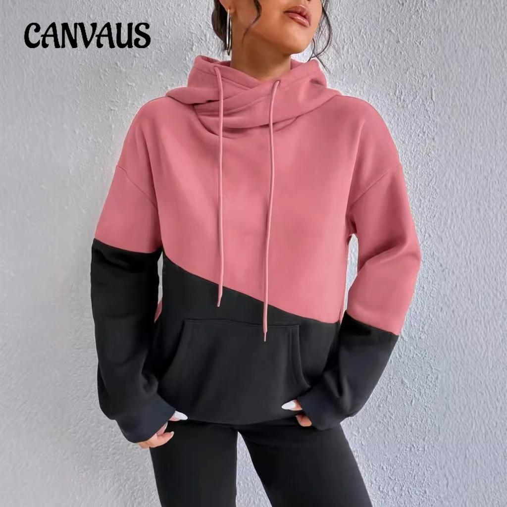 Høst Fargeblokk Spleising Kengurulomme Snøring Løs Casual Hettegenser Dame Topper