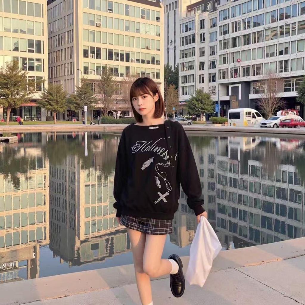 In Stock: Asymmetrical Off-the-Shoulder Hoodie - Early Autumn Korean Designer Sweet & Spicy Girl Trend