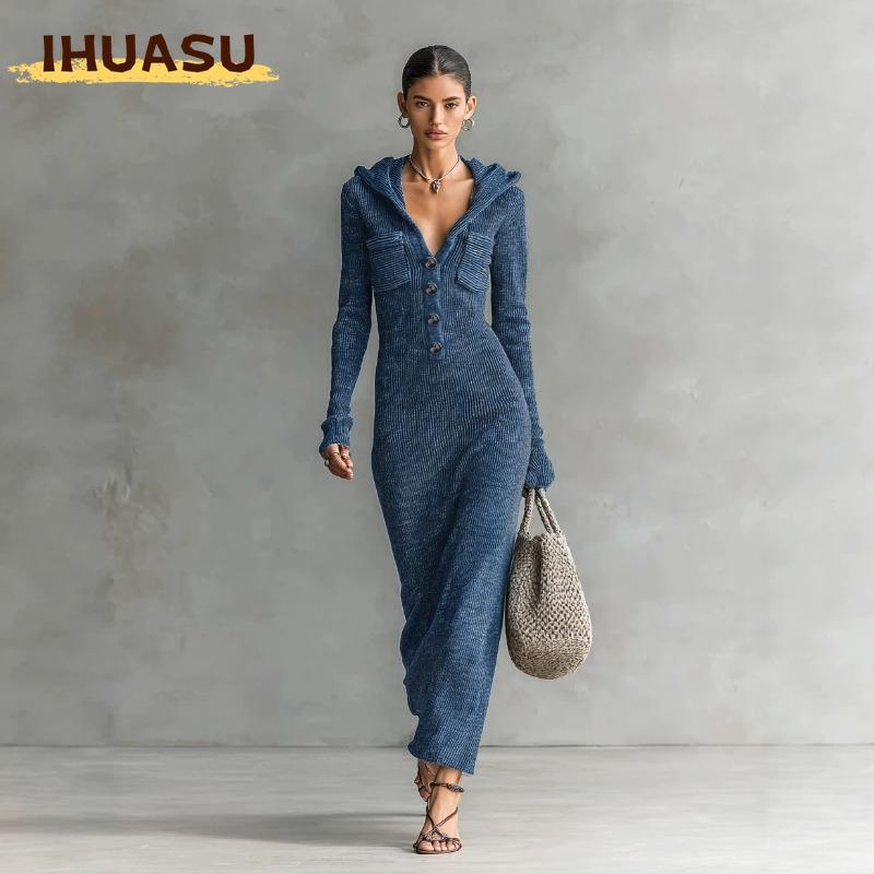 IHUASU Fashion Spring Autumn Solid Color Print Long Sleeve Casual Dresses