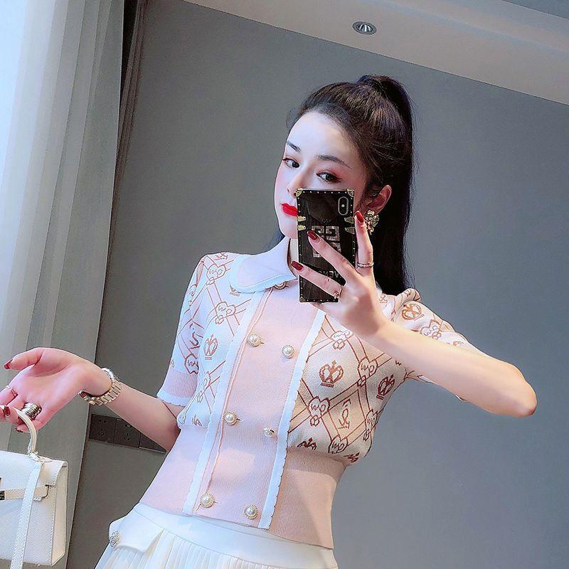 Summer Dress Women's Temperament Doll Collar Short Sleeved Double Breasted Crown Shaped Heart-shaped Jacquard Slim Fitting Knitted Sweater Top