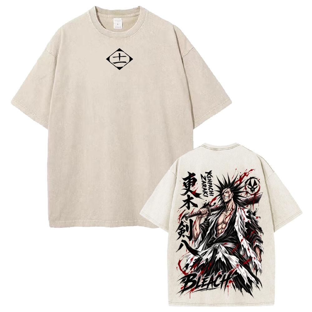 Zaraki Kenpachi BLEACH Anime Tričko Harajuku Vintage Prané Tričko Pánské Oblečení Krátký Rukáv Nadměrná Velikost Polyesterová Trička Oblečení